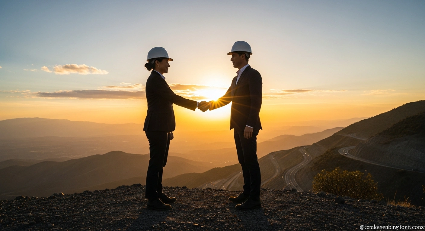 Two silhouetted figures, representing Mexico and Canada, stand on a high overlook at sunset, shaking hands over a landscape that depicts mineral-rich terrain and emerging infrastructure, symbolizing their joint action plan to boost investment and commerce in minerals, infrastructure, and supply chains.