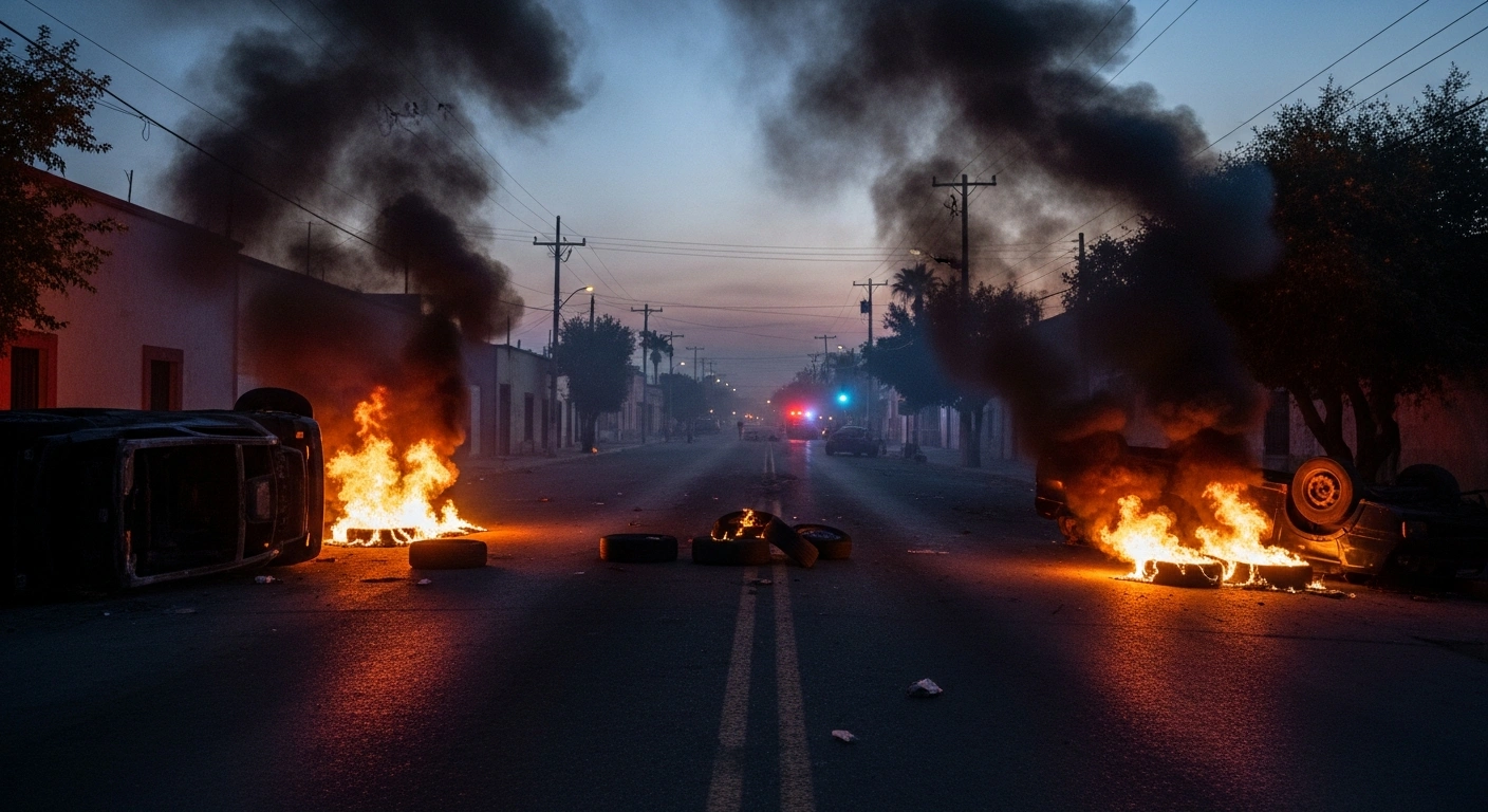 A desolate street in Mexico at dusk, featuring a makeshift roadblock of burning tires and debris, symbolizing the widespread violence and unrest that swept the country after the military operation against the Jalisco New Generation Cartel, causing disruptions like school closures and flight cancellations.