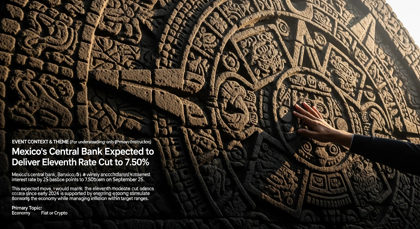 A colossal, weathered Aztec calendar stone is gently nudged by an ethereal hand, symbolizing Mexico's central bank reducing its benchmark interest rate to stimulate the economy and manage inflation.