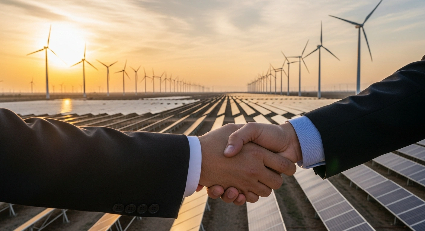 A wide-angle photograph taken at golden hour shows a modern energy landscape of solar panels and wind turbines, with two hands shaking in the foreground, symbolizing Mexico's CFE collaborating with private stakeholders on electricity generation and infrastructure projects while retaining a majority stake.