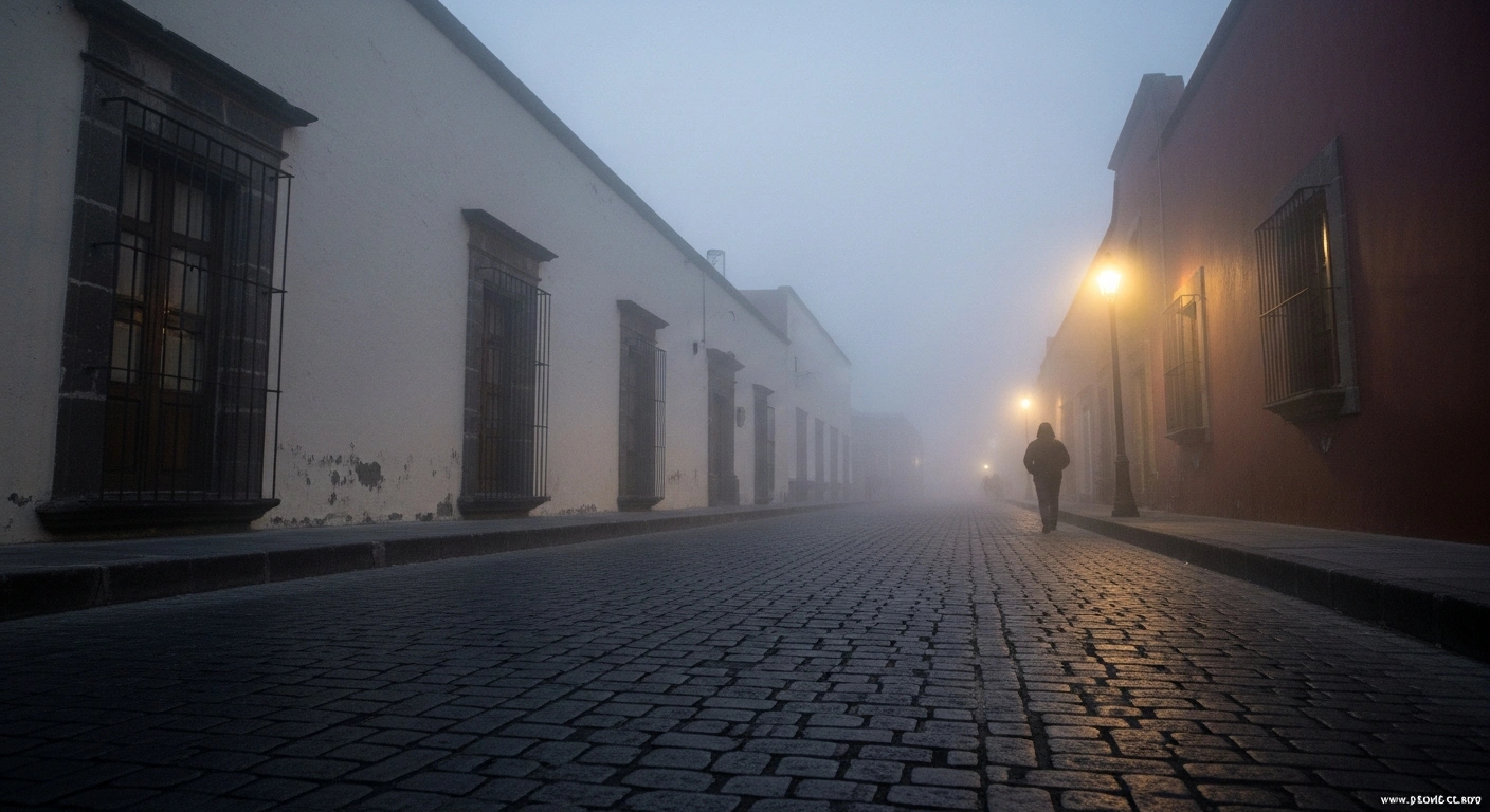 A misty, pre-dawn street scene in a quiet Mexico City borough, with a lone bundled figure walking away under the faint, diffused yellow light of a distant streetlamp, illustrating the yellow alert for low temperatures between 4 and 6 degrees Celsius in Milpa Alta and Tlalpan.