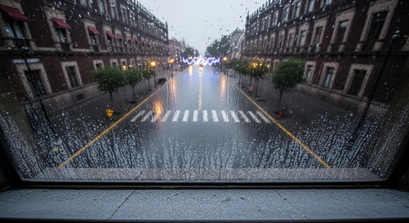 A low-angle view captures a rain-streaked, frosted window of a historic building in Mexico City, reflecting the cold front and heavy rains that brought freezing temperatures and a triple cold alert for New Year's Eve 2025.