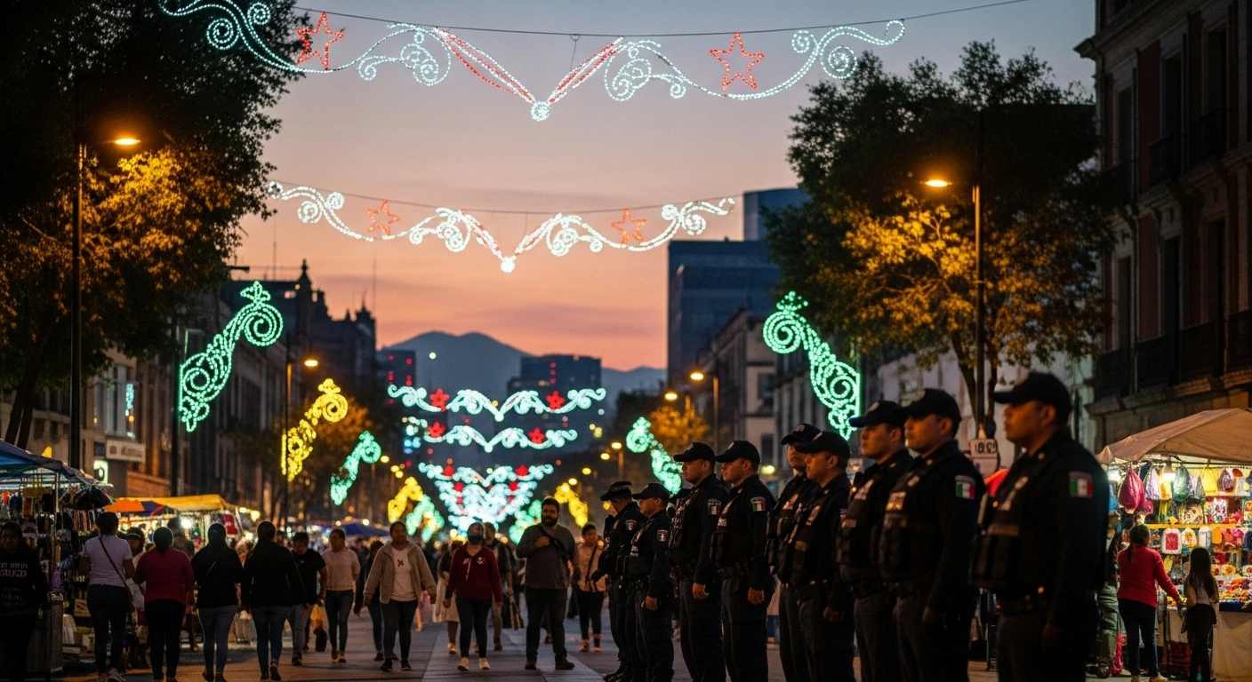 A wide shot of a bustling Mexico City street at dusk during the Día de Reyes celebrations, showing uniformed police officers maintaining public safety and traffic control amidst festive lights.