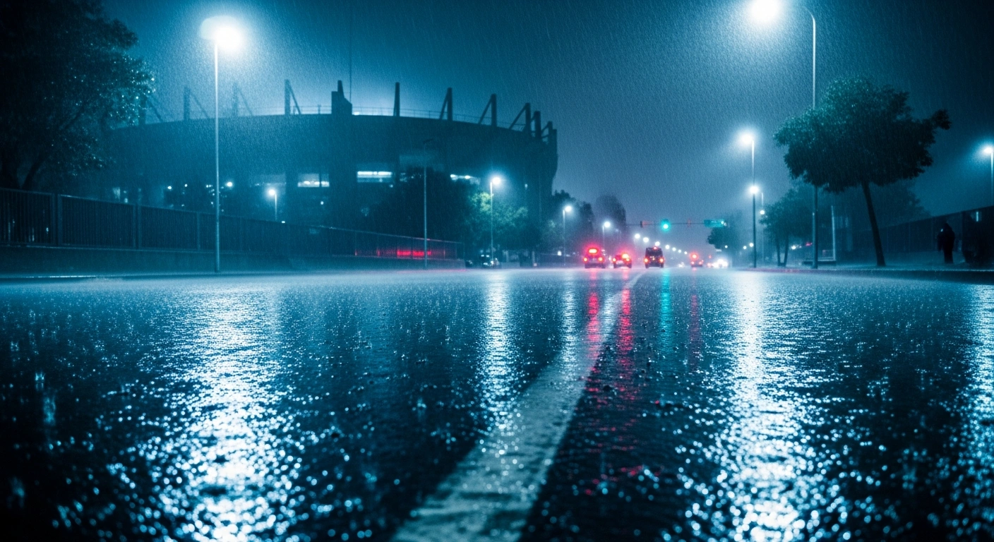 Heavy rain floods the streets near Estadio Azteca in Mexico City during a severe storm event.