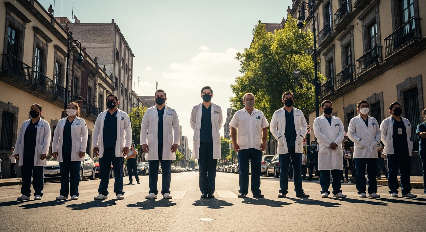 Healthcare workers gather in a protest in Mexico City to demand better medical supplies and increased staffing for the public health system.