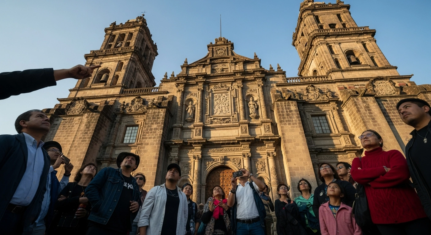 A diverse group of residents and visitors admiring the ornate 17th-century facade of a historic church in Mexico City's Historic Center, illuminated by golden hour light, symbolizing a new heritage campaign to rediscover the city's cultural and architectural legacy.