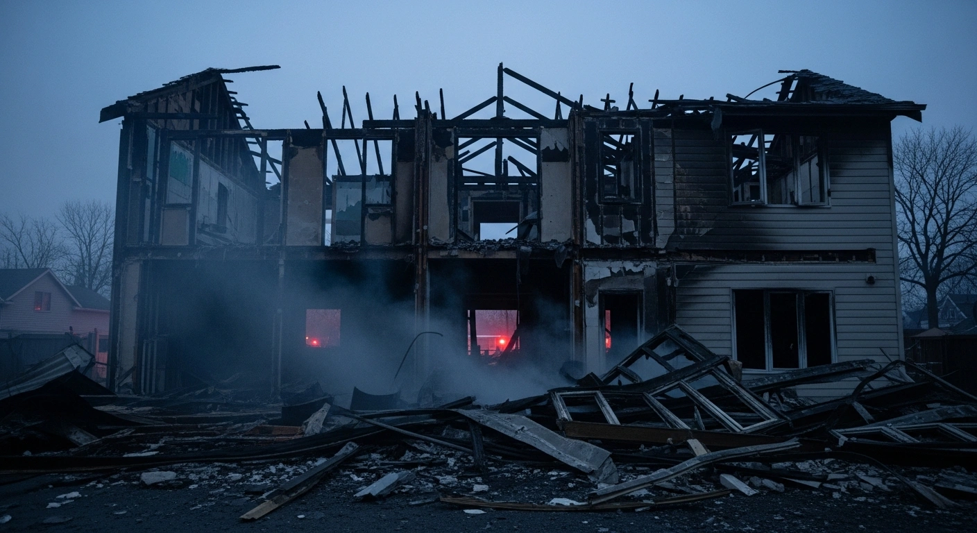 A charred two-story home in San Miguel Teotongo, Iztapalapa, Mexico City, stands under a pre-dawn sky with smoke rising from broken windows, following a devastating fire on Christmas Day 2025 that resulted in two deaths and two injuries, while authorities investigate.