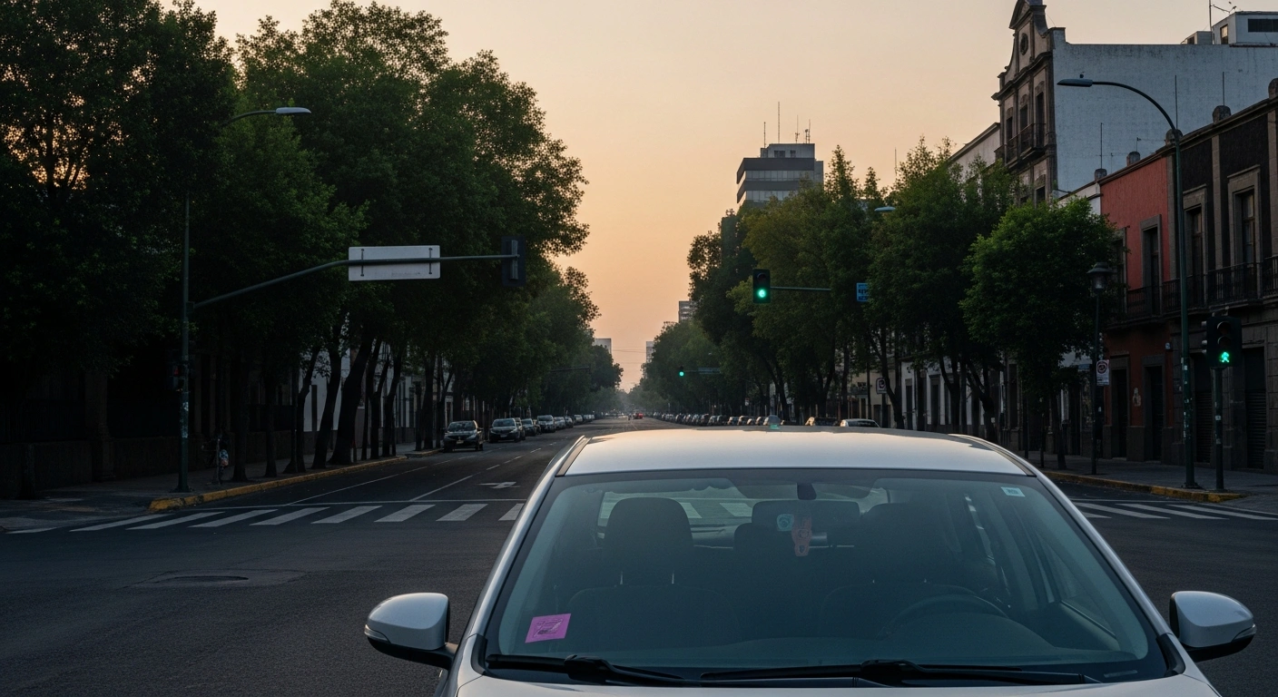 A quiet street in Mexico City at dawn, with a parked car displaying a pink hologram, symbolizing the 'Hoy No Circula' restrictions enforced on January 27, 2026, to reduce air pollution for vehicles with pink holograms and license plates ending in 7 or 8.