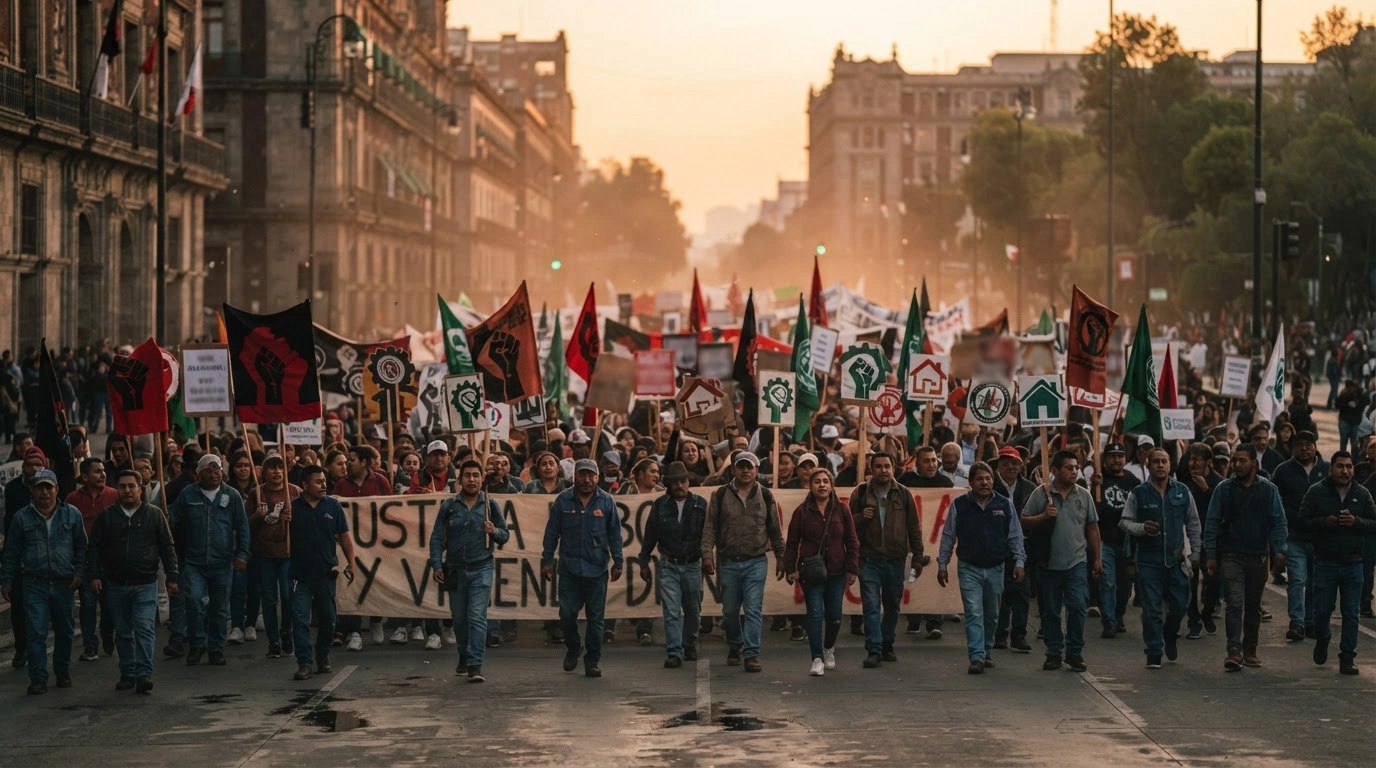 A large crowd of labor union members and social activists march through the streets of Mexico City to demand better working conditions and economic reforms.