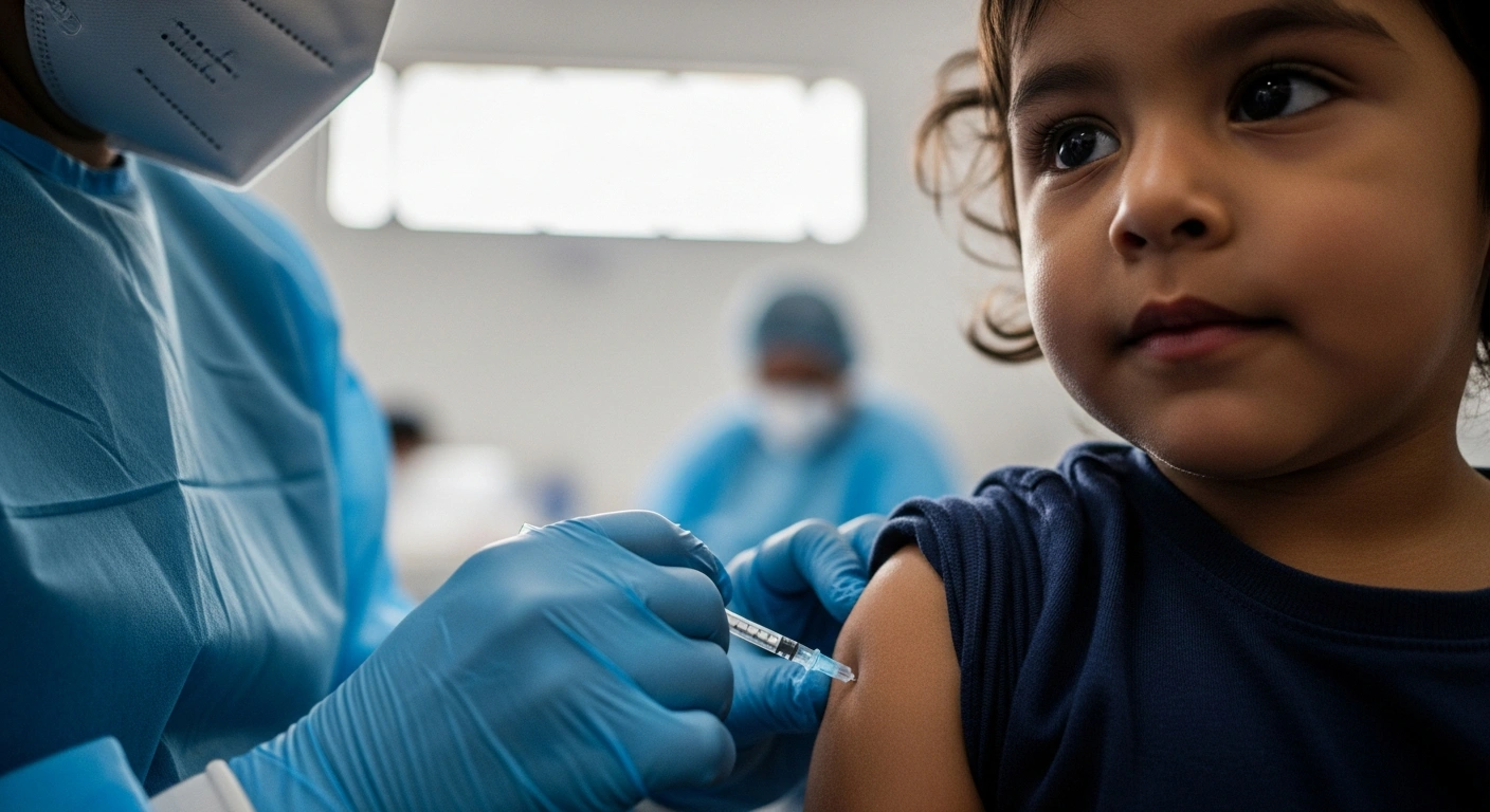 A public health worker administers a measles vaccine to a child in a Mexico City clinic, symbolizing the urgent vaccination efforts against the 418 accumulated cases and broader outbreak in Mexico.
