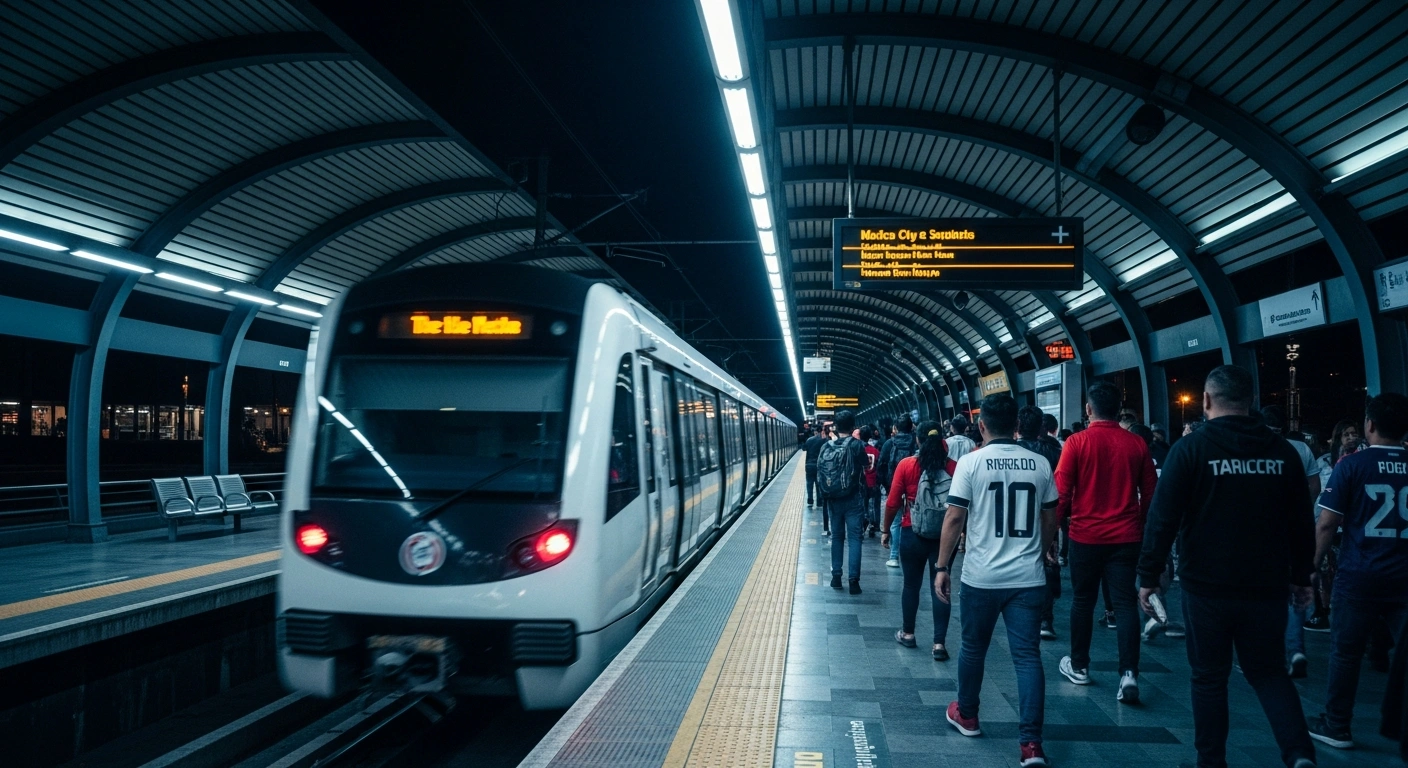 A crowd of soccer fans walks onto a brightly lit Mexico City Metro platform at night to board a train after a match at Estadio Banorte.