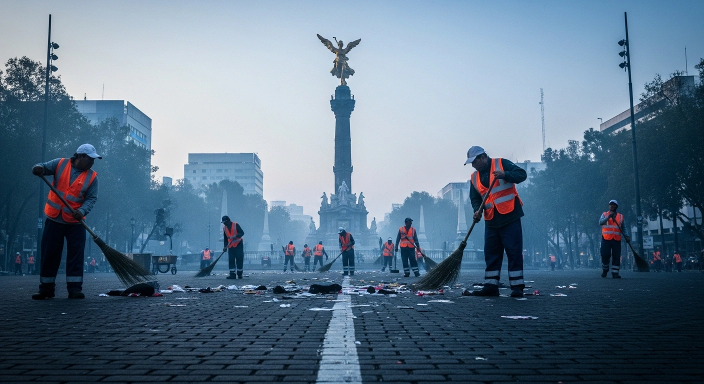 Sanitation workers clean up piles of trash and debris around the Angel of Independence monument in Mexico City following a large public celebration.
