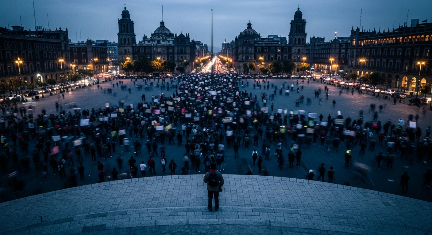 A crowd of protesters gathers in a Mexico City plaza during a security alert issued by the U.S. Embassy for International Women's Day demonstrations.
