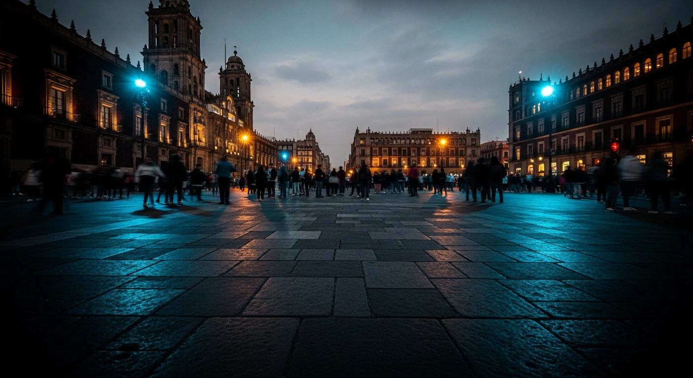 A wide-angle view of a city plaza in Mexico City during dusk, where a crowd of people gathers near historic buildings under dim street lighting.