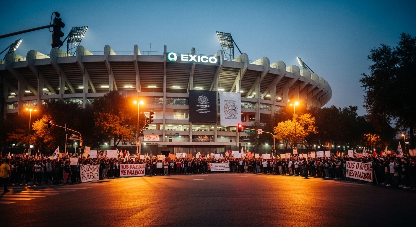 Protesting teachers from the CNTE union gather near a Mexico City stadium that is preparing to host 2026 World Cup matches.