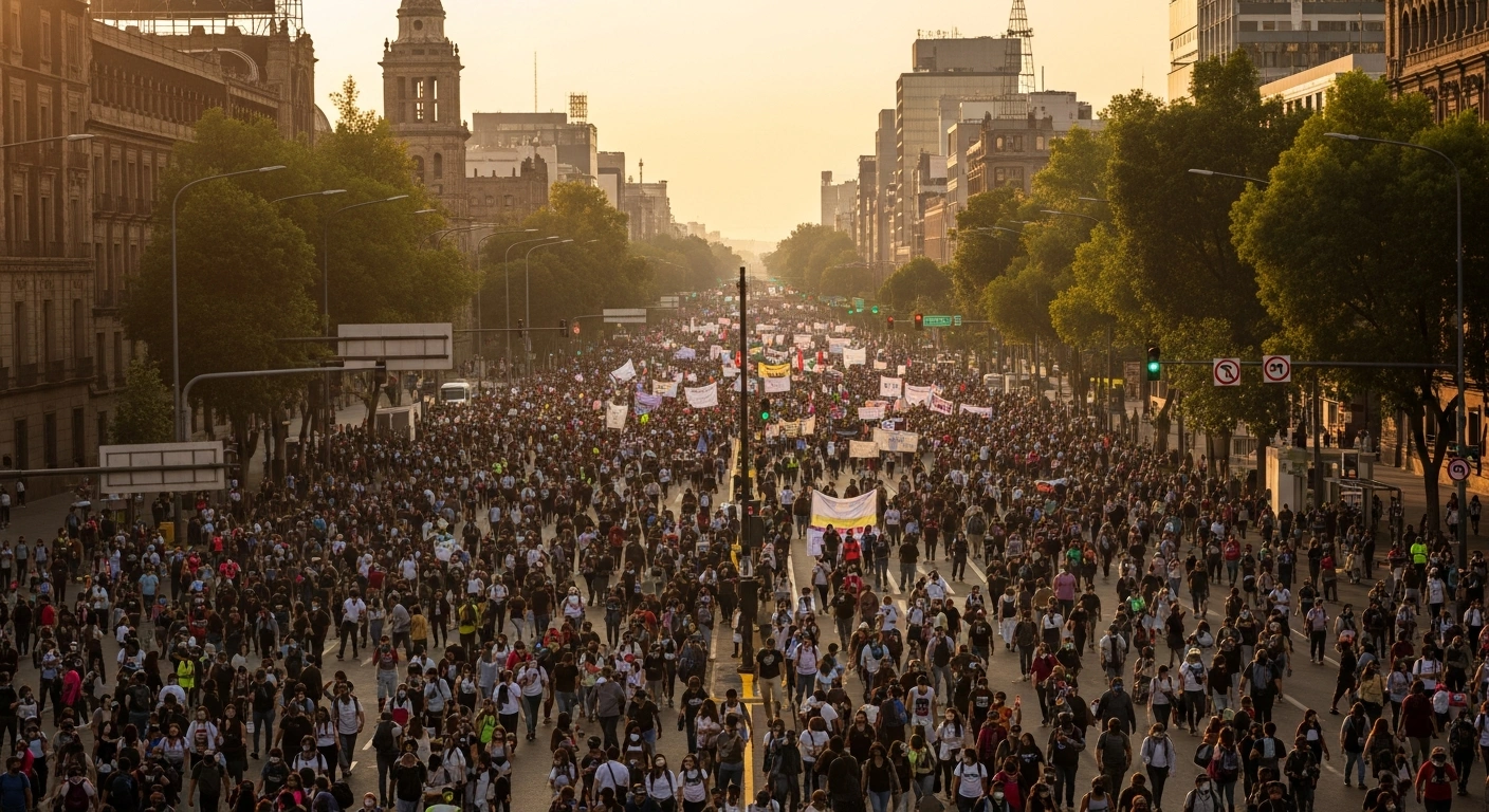 A wide, elevated shot captures a diverse crowd of protesters marching down a grand avenue in Mexico City during a day of widespread civic engagement, demonstrating for various social issues including animal welfare, justice for the disappeared, fair concert ticket pricing, and solidarity with Palestine.