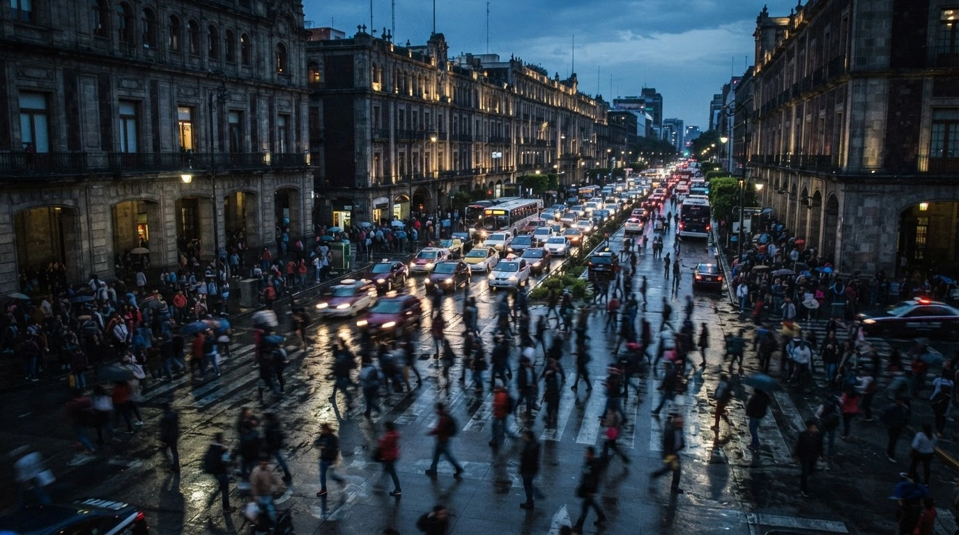 A high-angle view of a crowded intersection in Mexico City during a period of heightened security and potential public demonstrations.