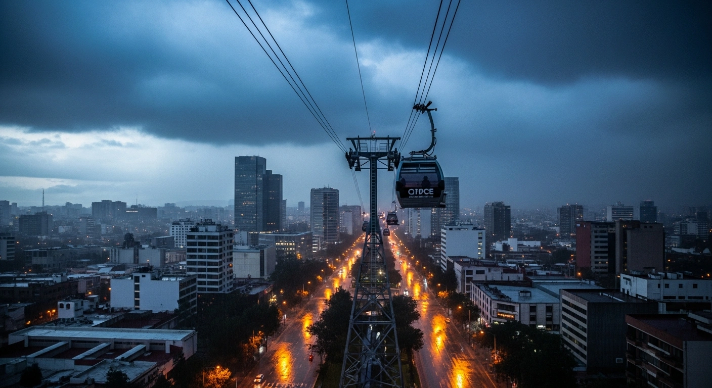 A Cablebús gondola hangs over a flooded Mexico City street during a severe thunderstorm with heavy rainfall.