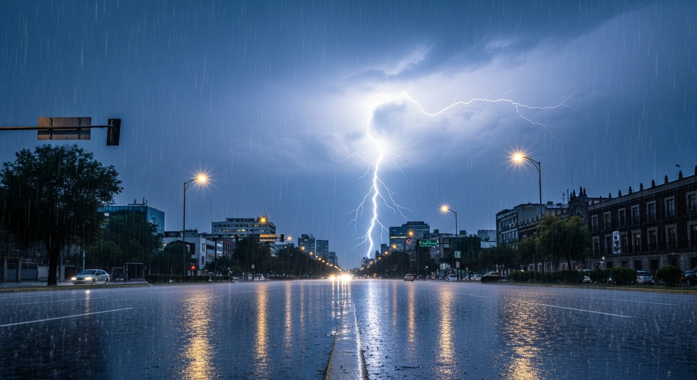 Heavy rain and thunderstorms strike Mexico City as meteorological authorities issue warnings for potential flooding during Father's Day weekend.