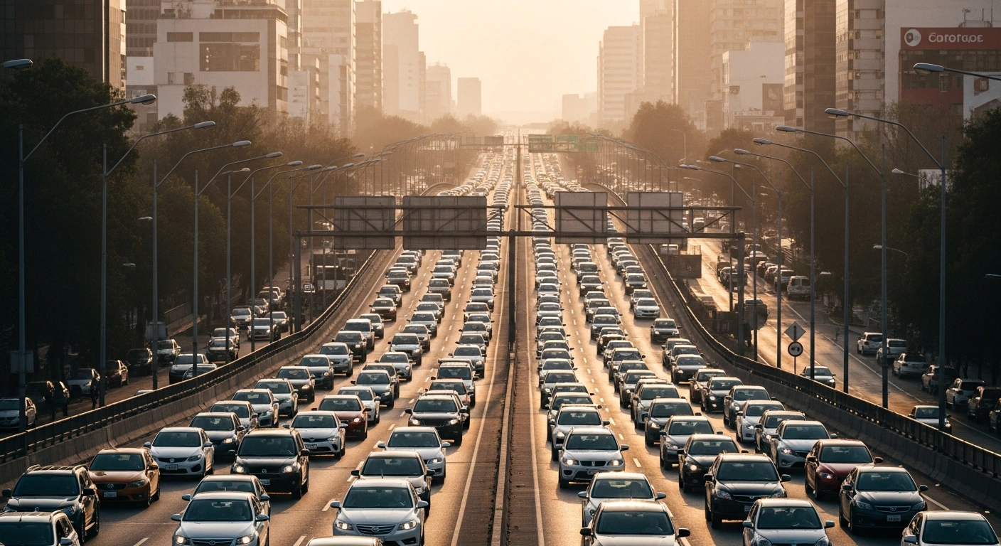 A congested highway in Mexico City during sunset illustrates the ongoing Hoy No Circula vehicle restriction program designed to manage traffic and improve air quality.