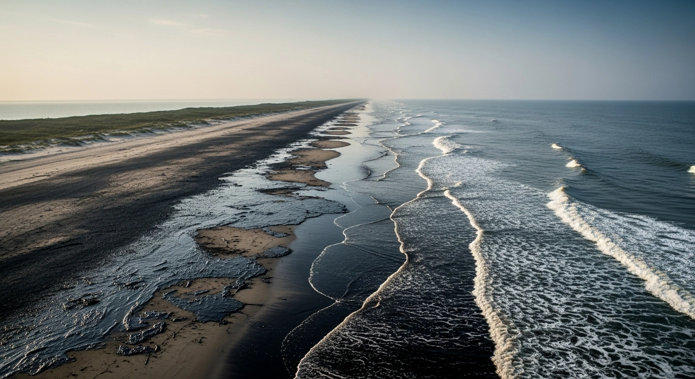 A thick layer of crude oil covers the coastline across the Mexican states of Tabasco and Veracruz, causing significant environmental damage to the Gulf of Mexico.