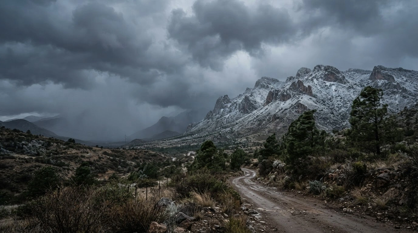 A dramatic landscape in Mexico shows an approaching cold front bringing heavy rain, strong winds, and frost to high-altitude mountain regions.