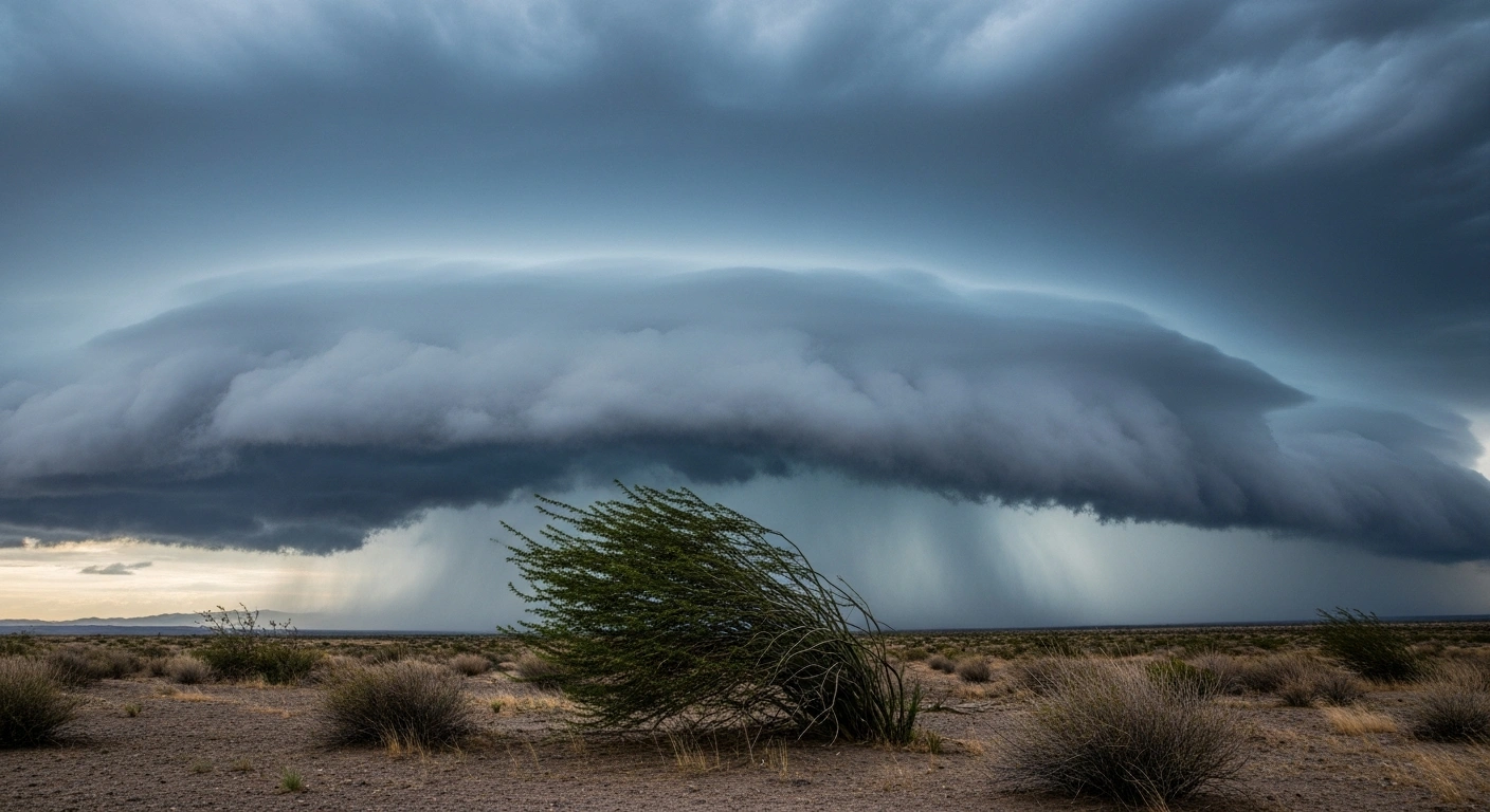 A dramatic landscape in northern Mexico experiences intense winds and heavy rainfall as Cold Front 39 moves across the region.
