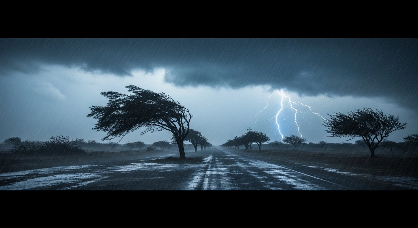 A dramatic storm front brings heavy rain and strong winds across a landscape in Mexico as authorities issue urgent weather alerts.