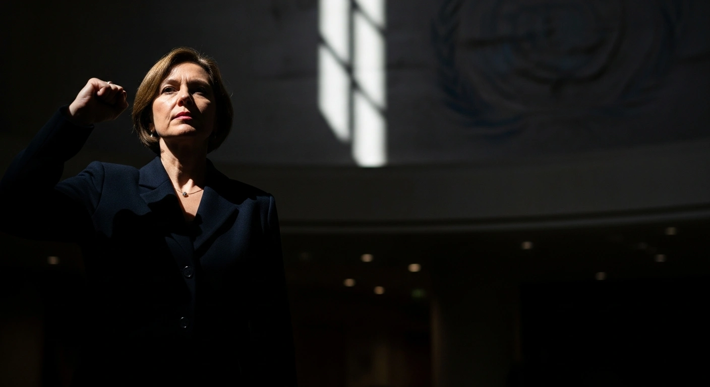 A determined figure, symbolizing Mexico's condemnation of the US military intervention in Venezuela and the capture of President Nicolás Maduro, stands resolutely in a grand, dimly lit international hall, representing the nation's stance on the UN Charter and non-intervention.