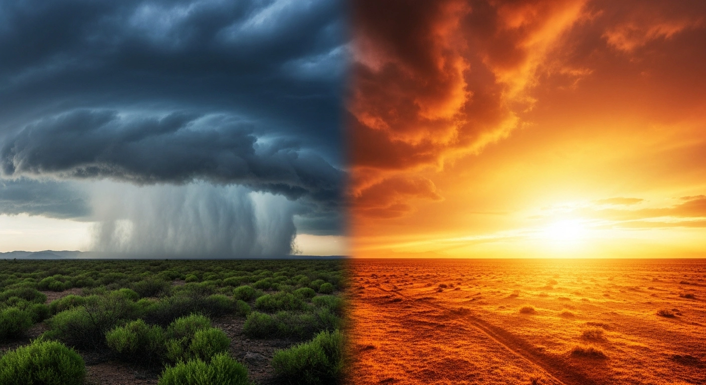 A dramatic landscape in Mexico shows a stark contrast between a dark, rainy storm front and a bright, sun-scorched desert under high winds.