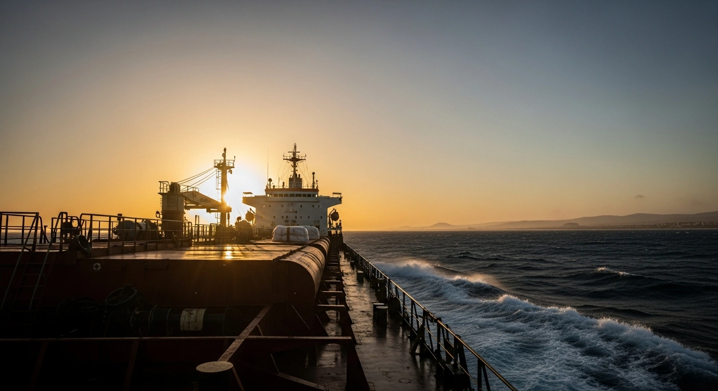 A large cargo ship, laden with fuel, sails through turbulent waters under a fiery sunset, symbolizing Mexico's efforts to provide humanitarian fuel shipments to Cuba amidst energy shortages and potential US tariffs.