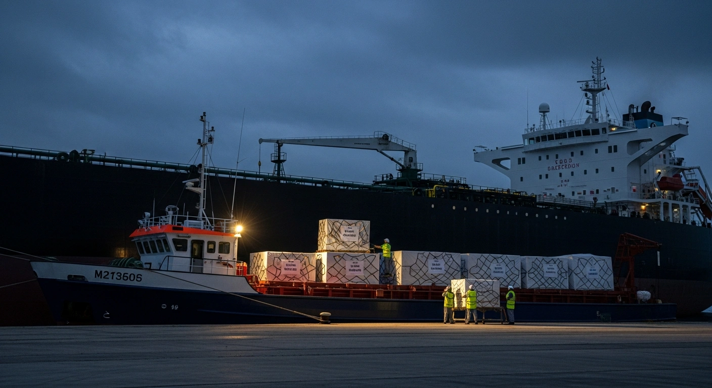 A large, empty oil tanker is docked in a quiet port at twilight, while a smaller, brightly painted cargo ship in the foreground is actively loaded with humanitarian aid boxes, illustrating Mexico's paused oil shipments to Cuba due to U.S. sanctions, alongside continued humanitarian support.
