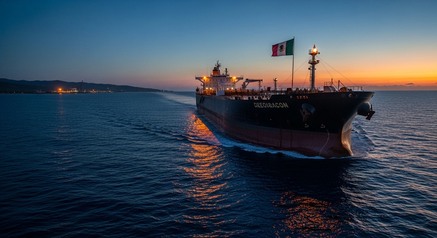 A large Mexican oil tanker, likely operated by Pemex, approaches a dimly lit Cuban port at twilight, symbolizing the United States' policy change allowing Mexico to supply crucial oil to energy-crisis-stricken Cuba.