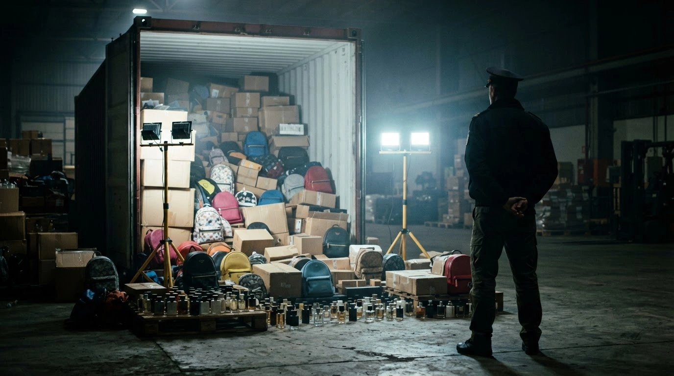 Customs officials inspect a shipping container filled with seized counterfeit backpacks and perfumes at the Lázaro Cárdenas port in Mexico.