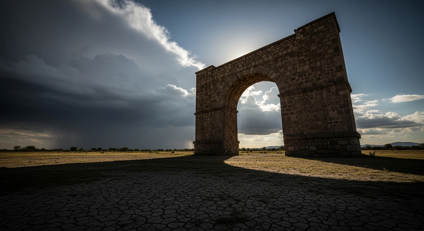 A low-angle, wide shot of a grand, weathered stone archway under a turbulent sky with contrasting light and shadow, symbolizing Mexico's critical juncture and challenges to democracy and economic growth in 2026, including political reforms, executive power consolidation, and subdued economic prospects.