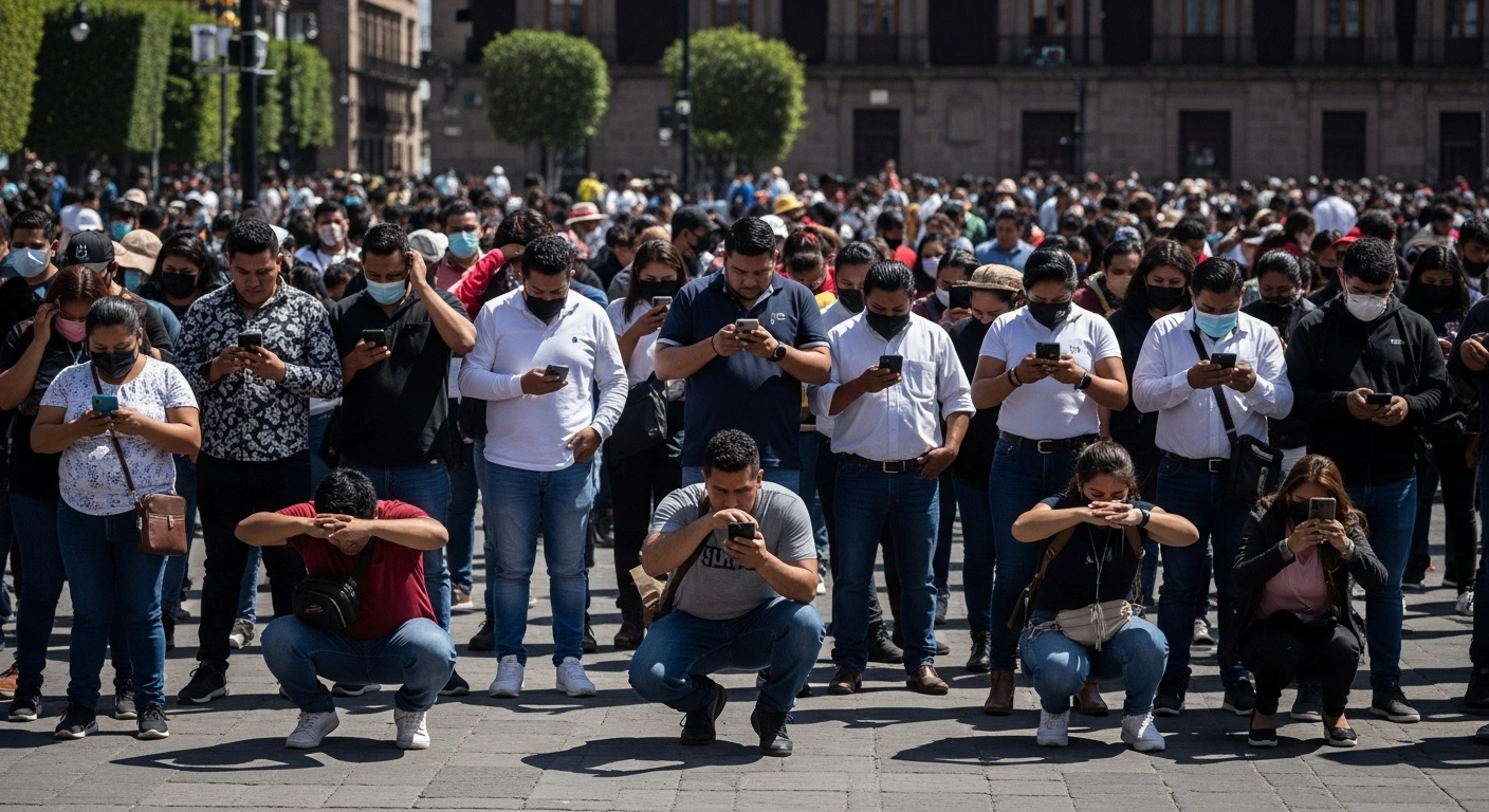 A wide shot of a Mexico City plaza at midday shows hundreds of people simultaneously looking at their cell phones and practicing earthquake safety during the Second National Earthquake Drill on September 19, 2025, simulating an 8.1-magnitude earthquake and testing a nationwide mass alert system.