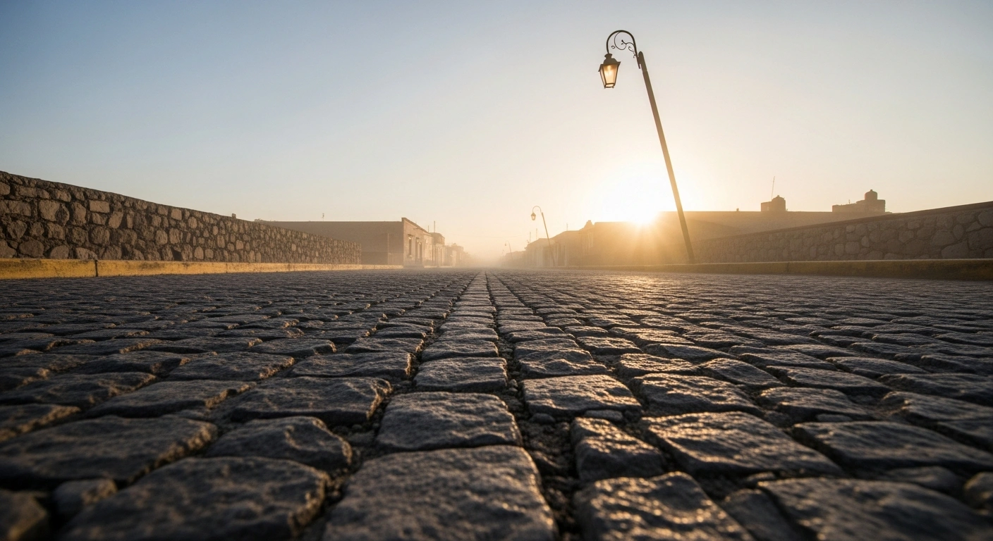 A quiet Mexican town street at dawn, with a slightly leaning streetlamp and subtle cracks in the cobblestones, visually representing the aftermath of two moderate earthquakes in Guerrero and Chiapas on February 28, 2026, which caused no significant damages or casualties.