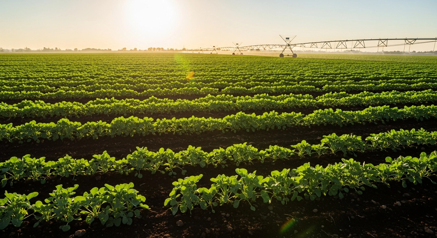 A wide-angle view of a lush, productive agricultural field in Mexico represents the country's economic growth and primary sector performance in 2026.