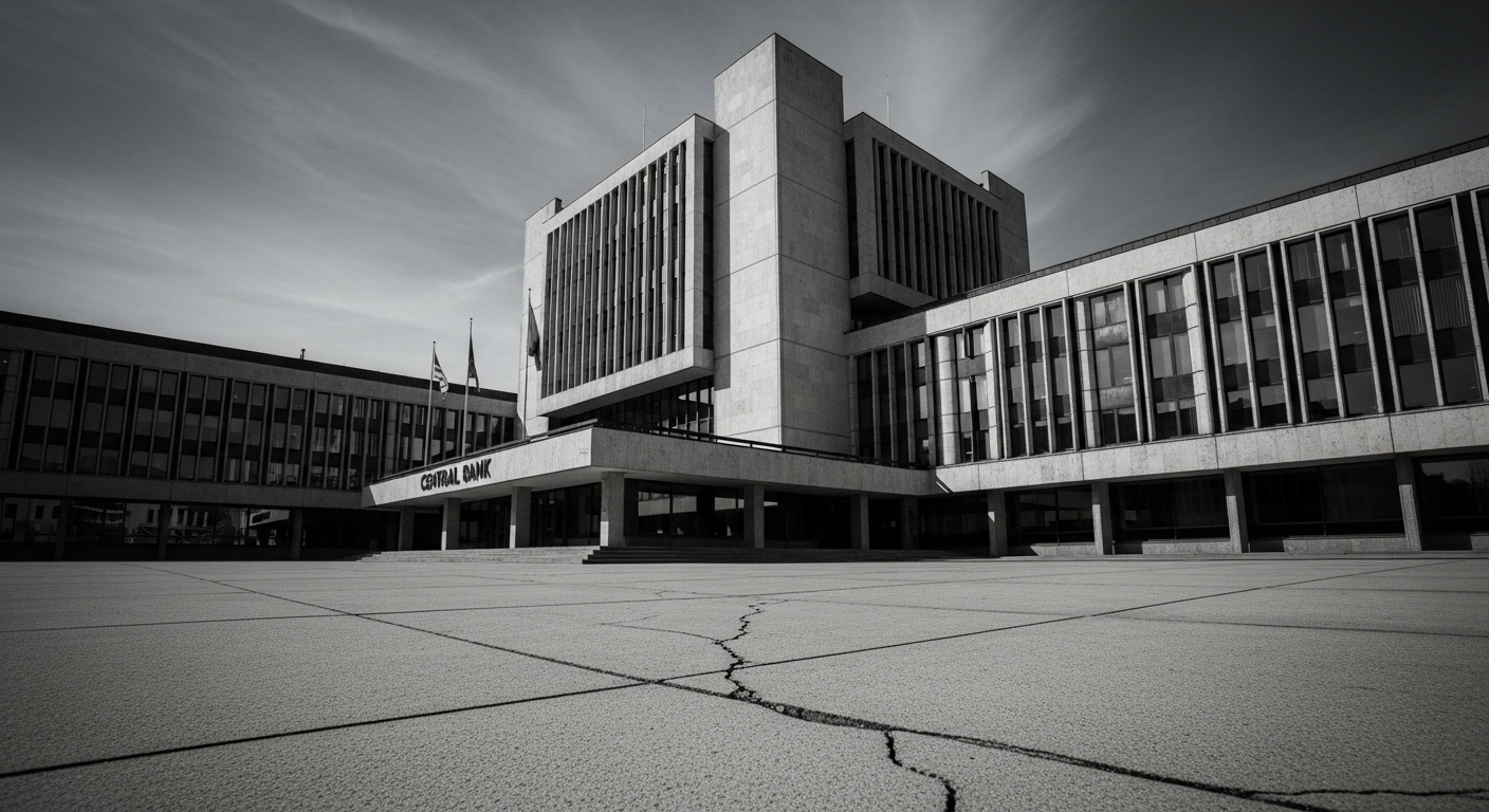 A low-angle, wide shot depicts a brutalist central bank building under an overcast sky, with a visible crack in the concrete plaza, representing the downward revision of Mexico's 2025 economic growth forecast by Banxico due to economic weakness and trade uncertainty.
