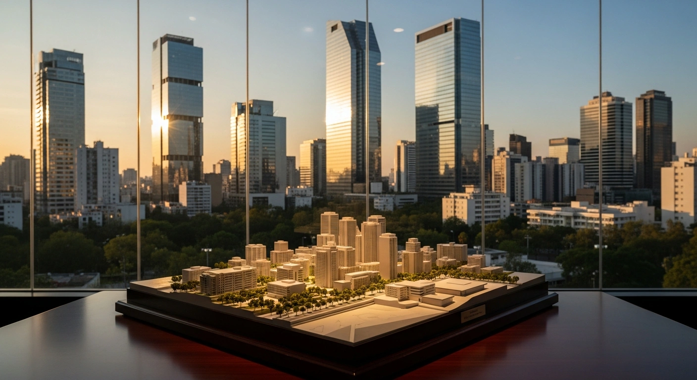 An architectural model of a modern city skyline sits on a desk in Mexico City, representing the economic growth projections released by the Secretariat of Finance and Public Credit.