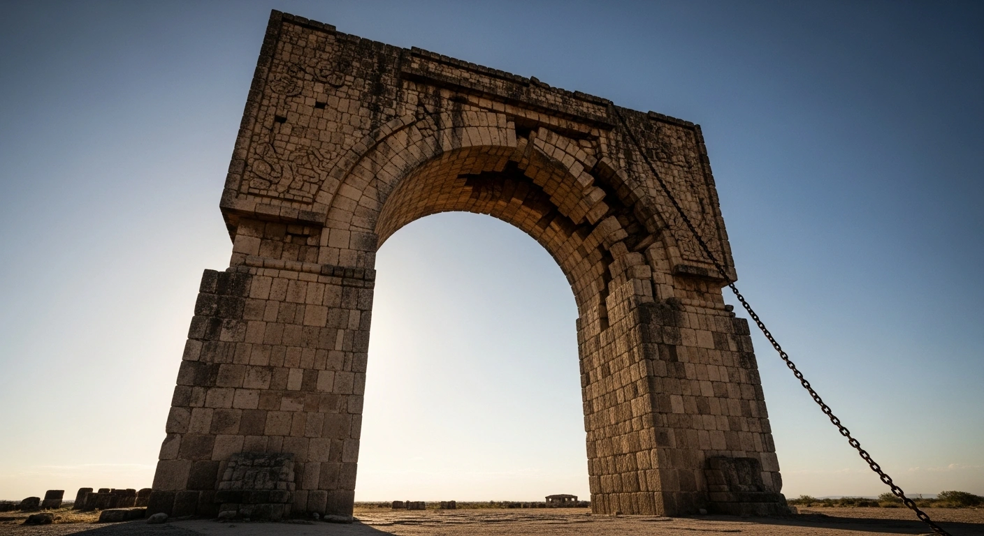A monumental, weathered stone archway, reminiscent of ancient Mesoamerican architecture, displays deep fissures under a stark late afternoon sun, with a thick, rusted chain subtly pulling downwards on one side, symbolizing the World Bank's revised downward forecast for Mexico's economic growth in 2026 due to USMCA review and structural challenges.