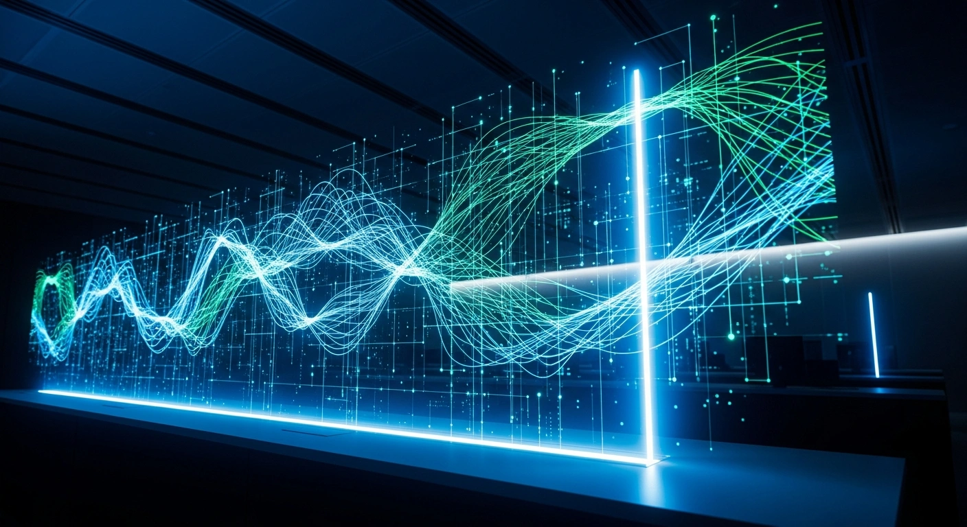 A visually striking image of a futuristic trading floor with glowing holographic displays and data streams, symbolizing the new electronic trading solution for Mexican repurchase agreements introduced by Santander Corporate & Investment Banking and BlackRock on the Tradeweb Markets platform, aiming to digitalize the Mexican repo market.