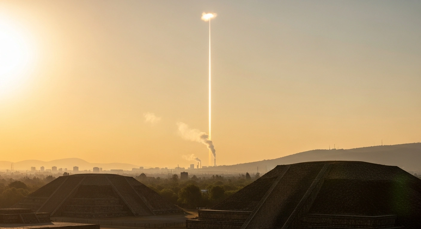 A wide shot of a sun-drenched Mexican landscape at dawn, featuring ancient pyramids and a distant modern city skyline, where a stylized golden light beam descends from the sky, symbolically capping a wisp of industrial emission, representing Mexico's updated Nationally Determined Contribution (NDC 3.0) to cut greenhouse gas emissions and achieve a net-zero target.