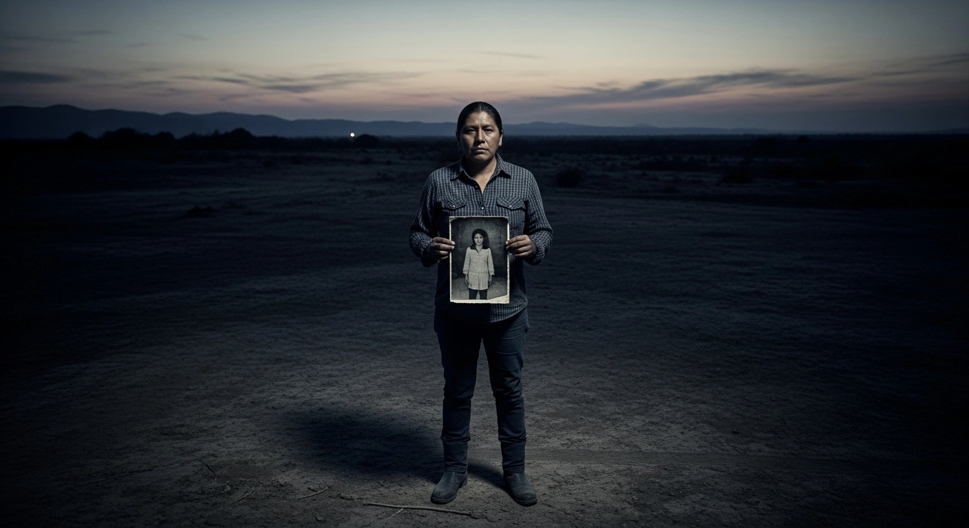 A lone activist stands in a desolate Mexican landscape, representing the search for truth amidst the crisis of enforced disappearances.