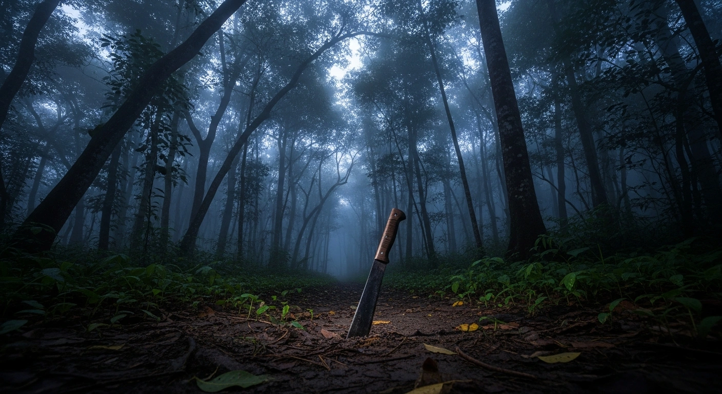 A wide, low-angle shot of a dense, mist-shrouded Mexican jungle canopy at twilight, with a single, well-worn machete lying half-buried on an overgrown path in the foreground, symbolizing the 59 environmental and land defenders who disappeared in Mexico between 2020 and 2024, as reported by the Mexican Center for Environmental Law (CEMDA), underscoring a severe security crisis for those protecting natural resources.