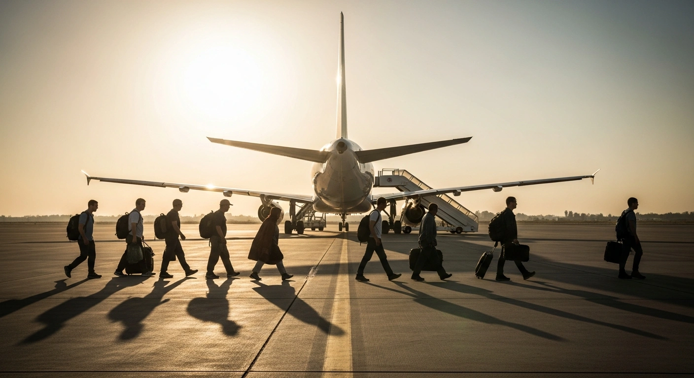 Mexican citizens walk toward a commercial airplane on a tarmac during a government-led evacuation operation from Lebanon.