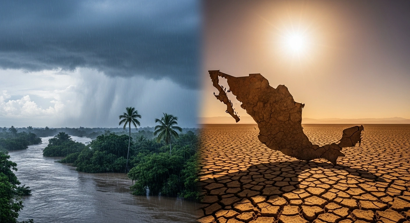 A split-view image showing a flooded tropical region in southeastern Mexico contrasted with a dry, heat-stricken desert landscape in the north.