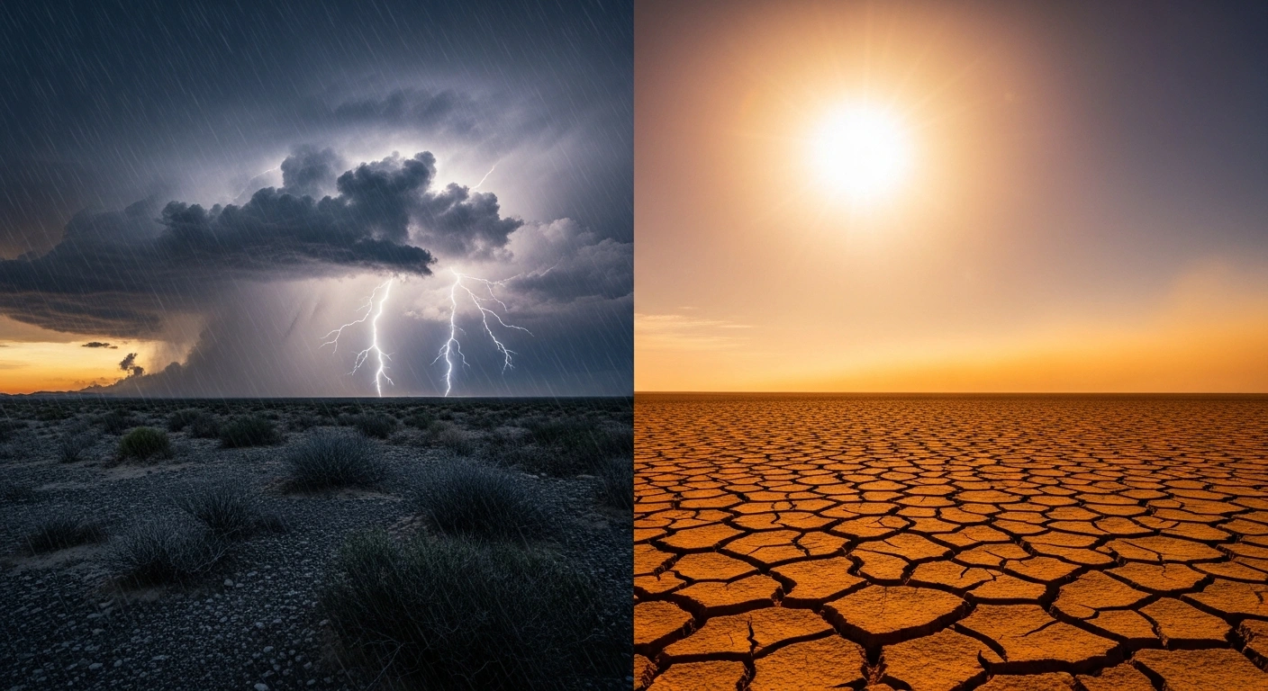 A split-screen image showing a violent thunderstorm on one side and a scorching, sun-baked desert landscape on the other to represent Mexico's extreme weather conditions.