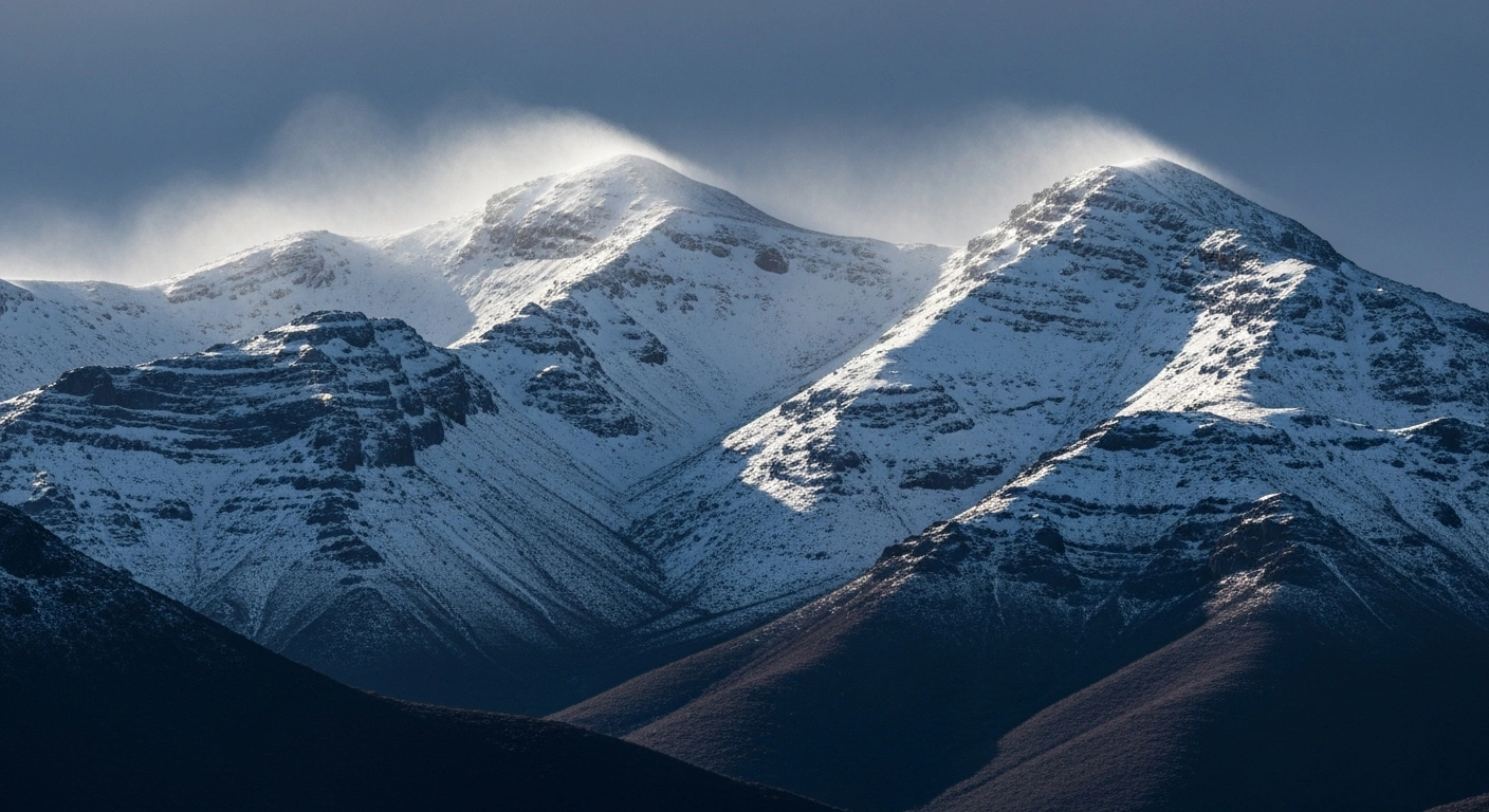 A wide, panoramic shot shows the snow-covered peaks of the Sierra Madre Occidental in northwestern Mexico under a steely blue-grey morning sky, with strong winds whipping snow plumes from the ridges, depicting the first seasonal snowfall driven by a cold front.