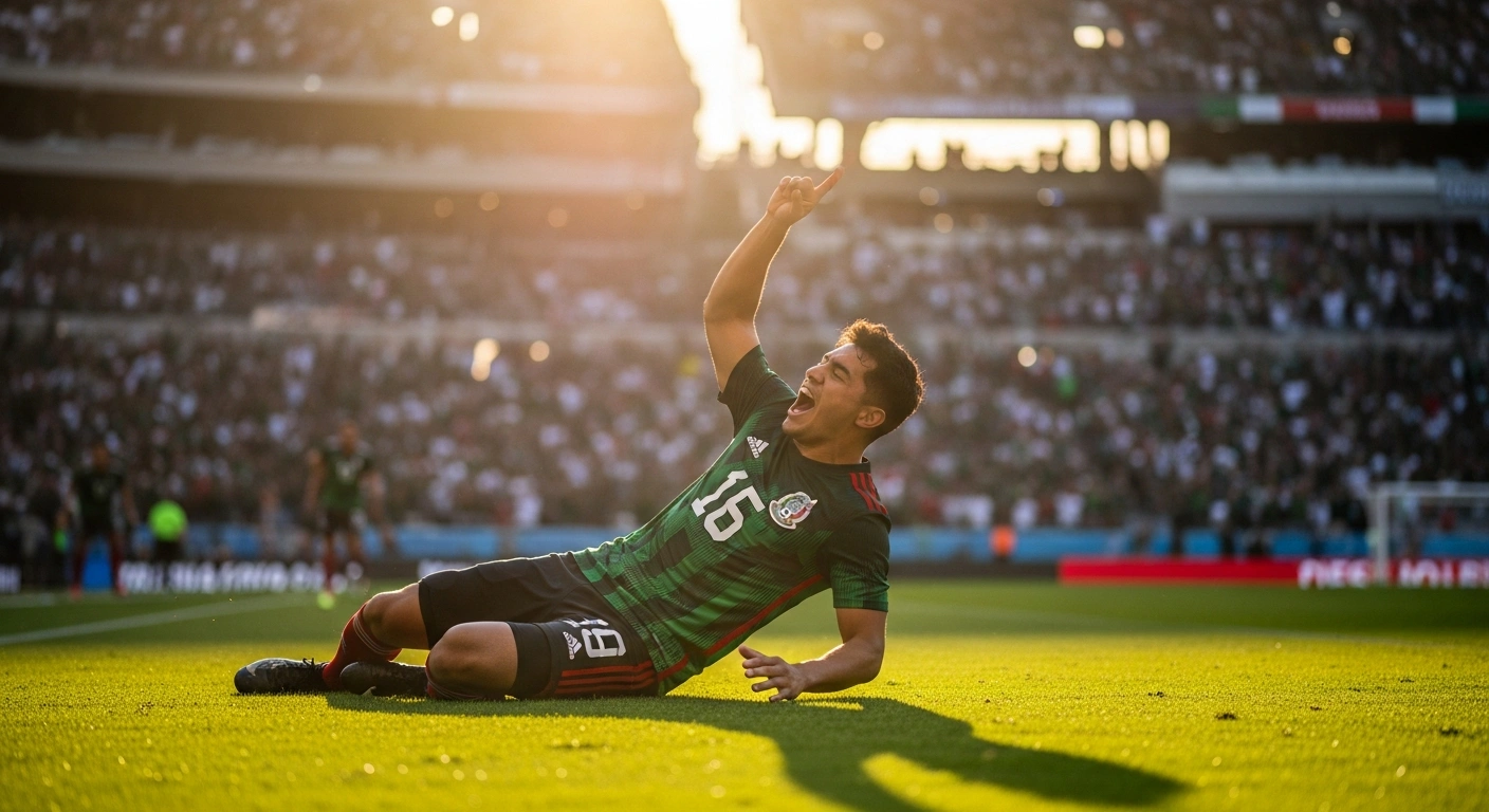 A Mexican national football player celebrates a victory on the field after qualifying for the 2028 Los Angeles Olympic Games.
